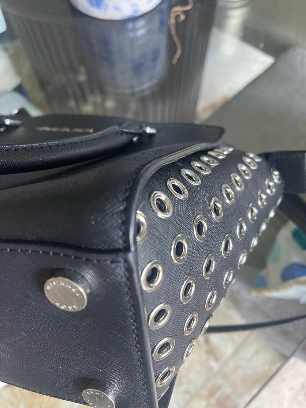 Michael Kors Black Leather Satchel with Silver Eyelet Trim - Picture 4 of 10
